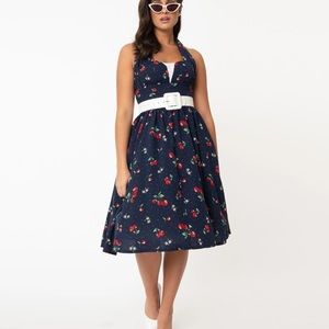 Unique Vintage Navy Blue Cherry Swing Dress